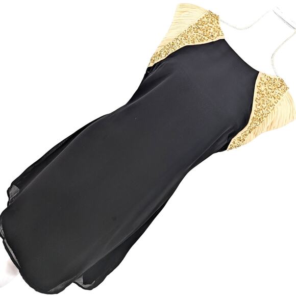 LONDON DRESS COMPANY! BLACK CHIFFON W/GOLDEN NUDE SHOULDER DETAIL DRESS! SZ 10 - Picture 1 of 9